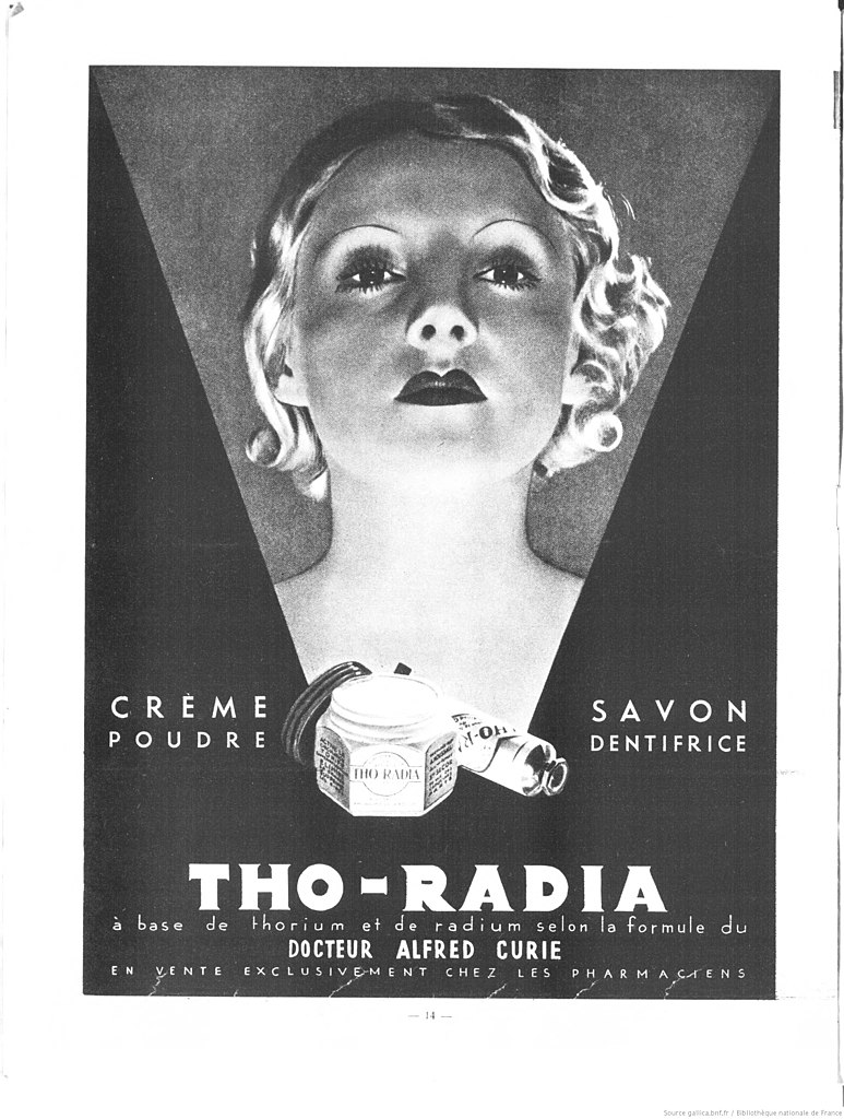 Publicité pour des cosmétiques contenant des espèces radioactives en 1935