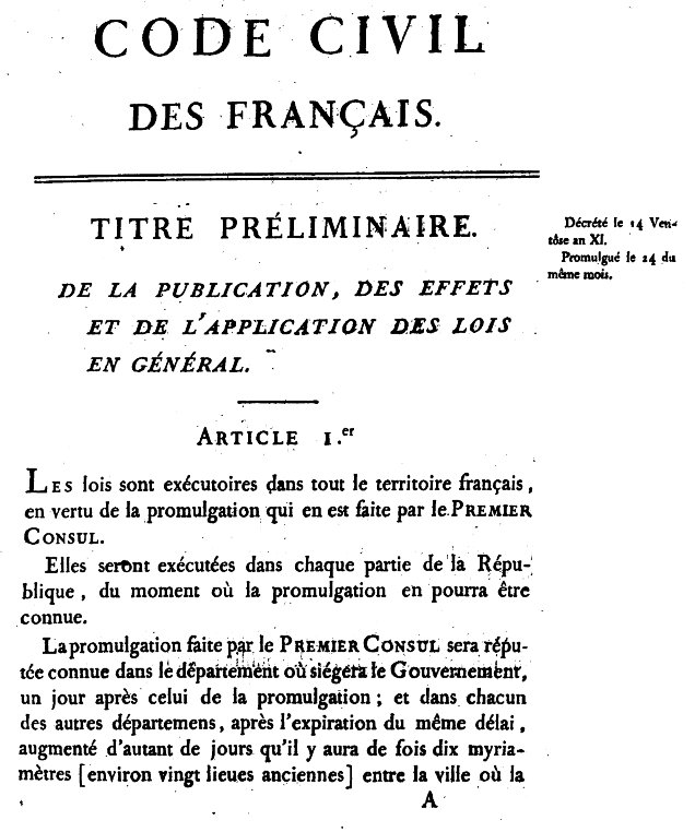 Première page de l’édition originale du Code civil, 1804