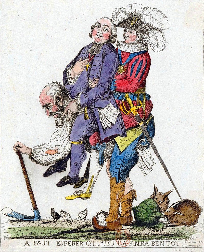 Caricature des trois ordres : un paysan, un noble et un membre du clergé