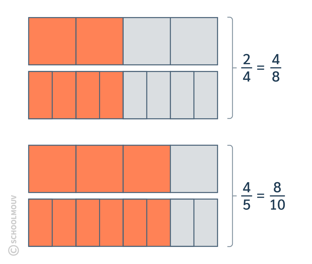 Maths CE2 - Schéma représentant les égalités entres les fractions 2/4 et 4/8, puis entre les fraction 4/5 et 8/10.