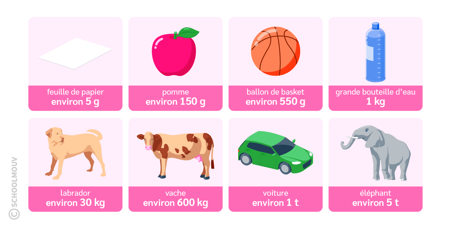 quelques masses de référence en grammes, kilogrammes et tonnes