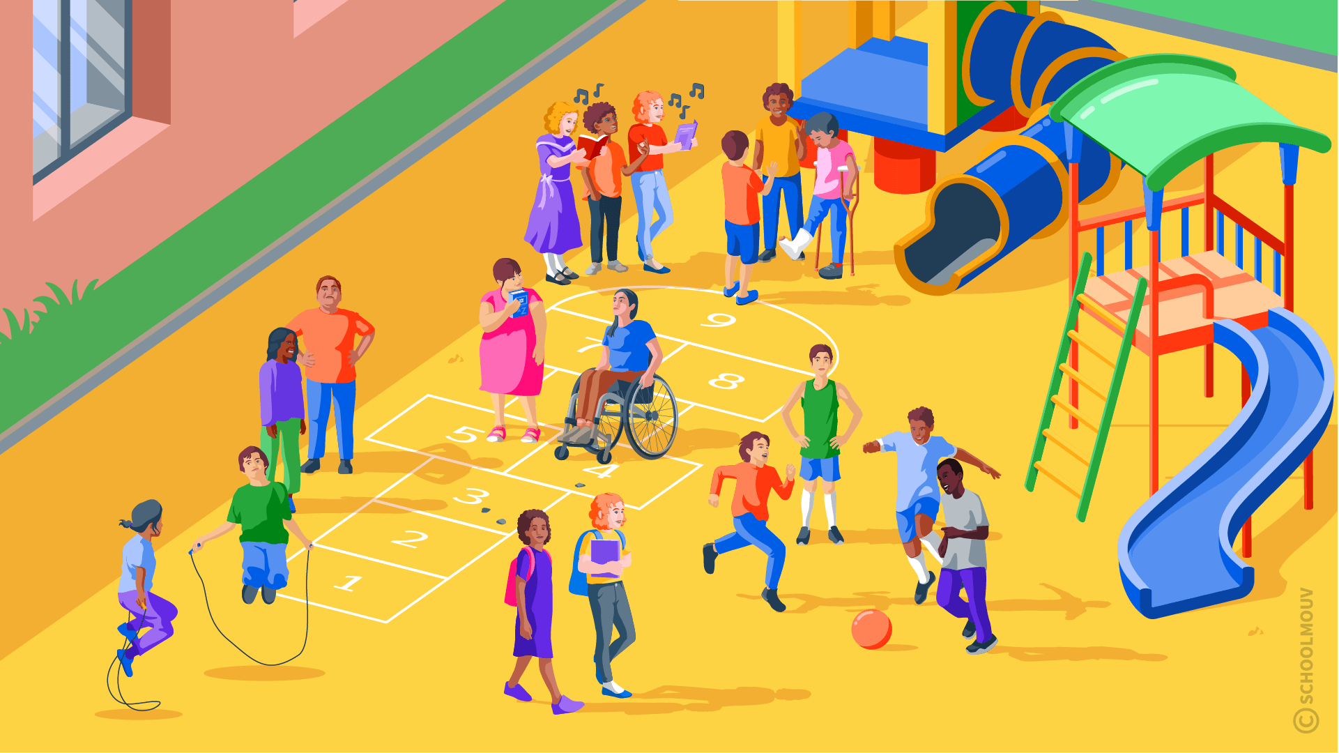 Des enfants jouent dans une cours de récréation. Ils sont tous différents.