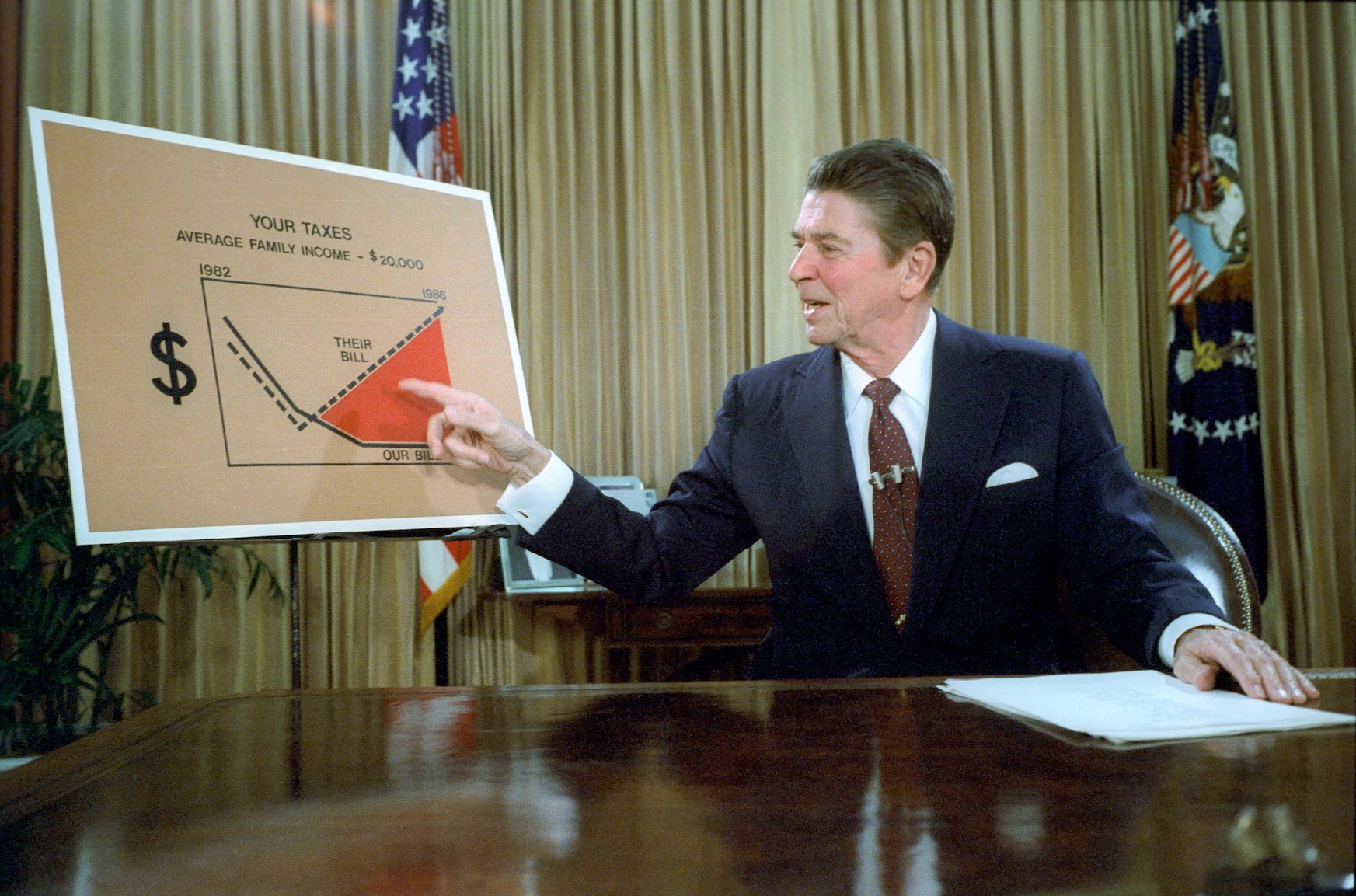 Le président américain Ronald Reagan présente son plan de réduction des impôts lors d’un discours télévisé en juillet 1981